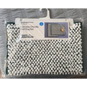 Room Essentials Chenille Bath Rug Set 2 Piece Green White 17x24 Non-Skid NWT